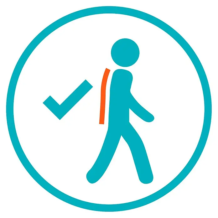 Gardena Laubsammler - 73 x 40 x 45 cm - Symbol mit einer Person, die geht, einem Haken und einem Rucksack in einem Kreis, was Sicherheit und die Einhaltung von Richtlinien symbolisiert.