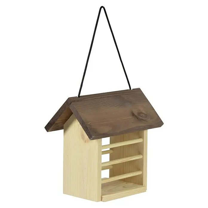 Dobar Vogelfutterhaus Wildlife - 22 x 14 x 21 cm, Natur/Braun, Holz - Ein detailreicher Blick auf ein hölzernes Vogelhaus mit dunklem Dach und einer schwarzen Kordel zum Aufhängen.