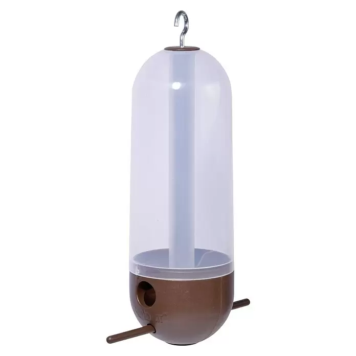 Dobar Vogelhaus - 9 x 9 x 25 cm, Holz, Transparent/ Braun - Vogelfutterspender aus klarem und braunem Kunststoff mit Metallhaken und mehreren Futteröffnungen/Sitzstangen.