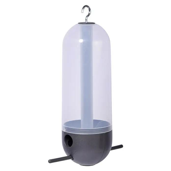 Dobar Futterspender Cornbar - L x B x H: 9 x 9 x 25 cm, Kunststoff - Bild einer grauen Vogelfutterstation mit transparentem Behälter und Metallhaken zum Aufhängen. Praktisches Design für Garten- und Naturliebhaber.
