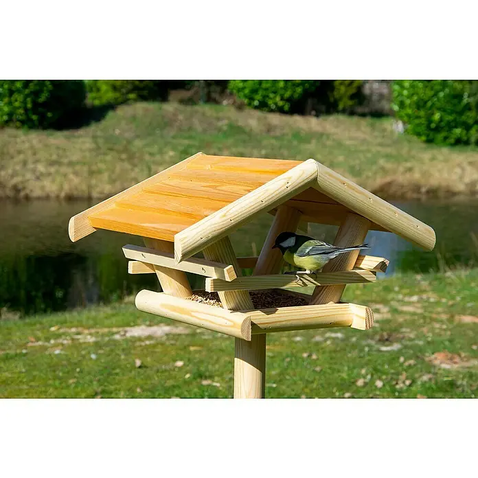 Dobar Vogelhaus Bernie Bernstein - 44 x 44 x 101 cm, Holz, Braun - Hölzernes Vogelhaus mit einem bunten Meisen-Vogel darauf, der sich an den Samen gütlich tut, im Garten aufgestellt.