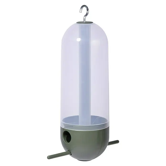 Dobar Futterspender Cornbar - L x B x H: 9 x 9 x 25 cm, Kunststoff, Grün - Ein moderner, grüner Vogelfutterspender mit transparentem Behälter und Aufhängevorrichtung für den Garten oder Balkon.