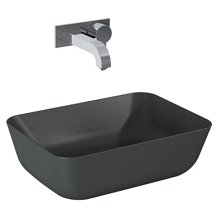 Inspira Aufsatzwaschbecken - 45,5 x 32,5 cm, Keramik, Anthracite - Elegantes Waschbecken aus dunklem Material mit moderner Armatur, perfekt für stilvolle Badezimmer.