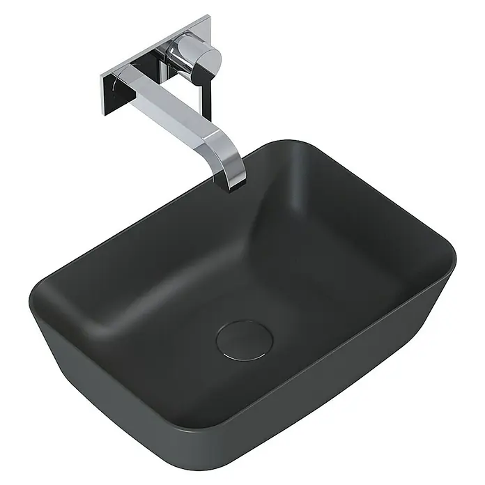 Inspira Aufsatzwaschbecken - 45,5 x 32,5 cm, Keramik, Anthracite - Moderne schwarze Waschbecken- und Chromarmatur-Kombination für stilvolle Badezimmer. Das elegante Design bietet eine luxuriöse Note.