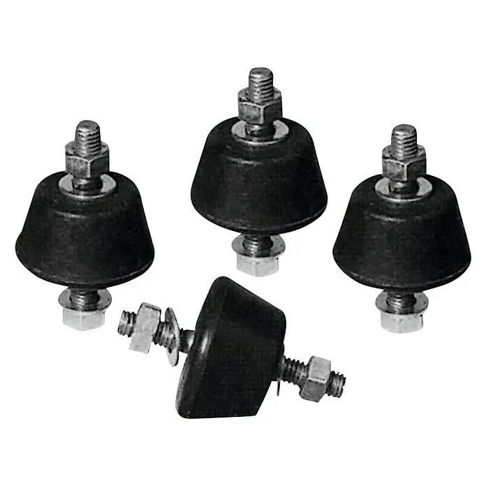 ZimaKlima Amortiguador de vibraciones A45 - Negro, 4 ud. - Amortiguadores de vibración: Cuatro amortiguadores negros en forma de cono con tornillos y tuercas sobre fondo negro.