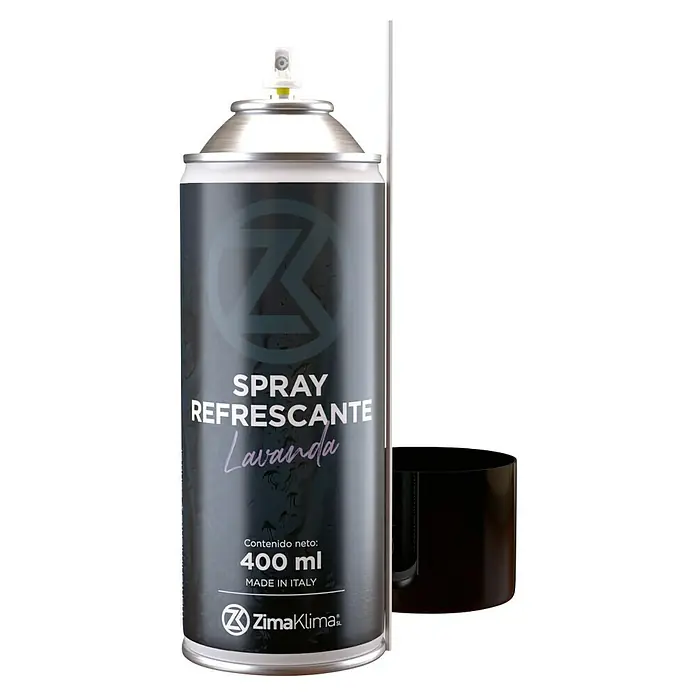 ZimaKlima Spray ambientador Refresh - Aroma lavanda - Primer plano de un aerosol ambientador Zima Klima con aroma a lavanda, fabricado en Italia, con una capacidad de 400 ml.