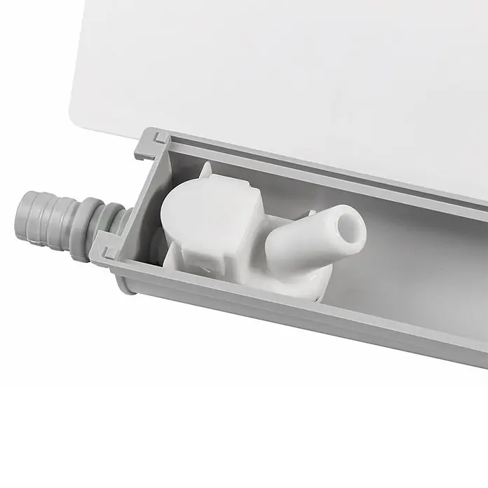 ZimaKlima Caja de instalación con sifón - Blanco - El desagüe de agua con válvula de retención es gris y blanco y tiene forma rectangular.