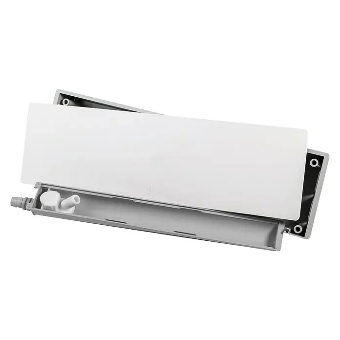 ZimaKlima Caja de instalación con sifón - Blanco - Imagen de una bandeja de condensados rectangular gris con una cubierta blanca. La bandeja tiene un orificio de drenaje.