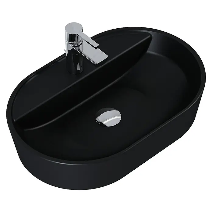 Inspira Aufsatzwaschbecken - 62 x 41 cm, Schwarz - Schwarzes Waschbecken mit ovaler Form und Chromarmatur, modernes Design für Badezimmer.