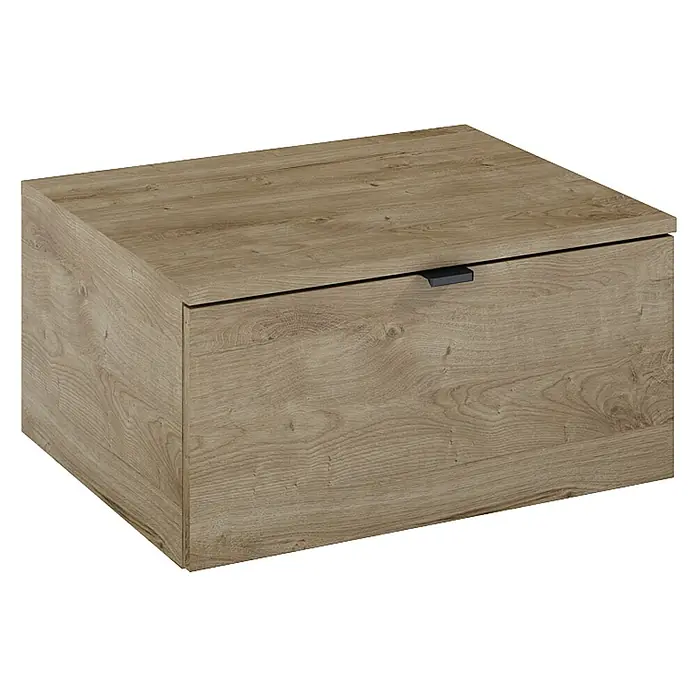 Inspira Schubladeneinsatz - 55,7 x 27,5 x 45,5 cm, Canela Oak - Nahaufnahme eines quaderförmigen Holzschranks mit Schublade und schwarzem Griff, der eine schlichte, moderne Aufbewahrungslösung darstellt.