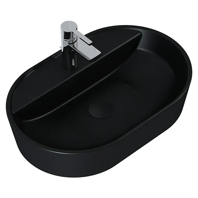 Inspira Aufsatzwaschbecken - 62 x 41 cm, Schwarz - Schwarzes Aufsatzwaschbecken mit Armatur, modernes Design für Badezimmer und Gästetoilette. Elegante Optik für stilvolle Badgestaltung.
