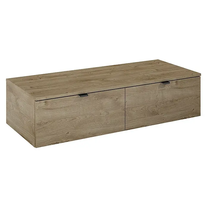 Inspira Schubladeneinsatz - 115,7 x 27,5 x 45,5 cm, Canela Eiche - Eine moderne, hängende Kommode in Holzoptik mit zwei Schubladen und schlichten, dunklen Griffen. Ideal für ein stilvolles Ambiente im Wohnbereich.