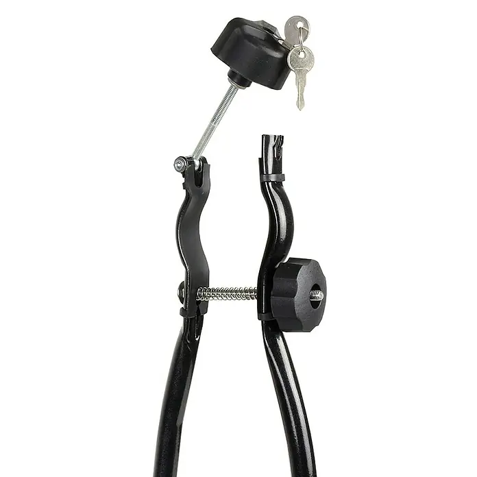 Eufab Fahrradträgeraufsatz Super Bike - Geeignet für: 1 Fahrrad, Traglast: 15 kg - Nahaufnahme einer schwarzen Fahrradträgerhalterung mit Schrauben und Schlüsseln, die Details und die Befestigungselemente des Produkts hervorhebt.
