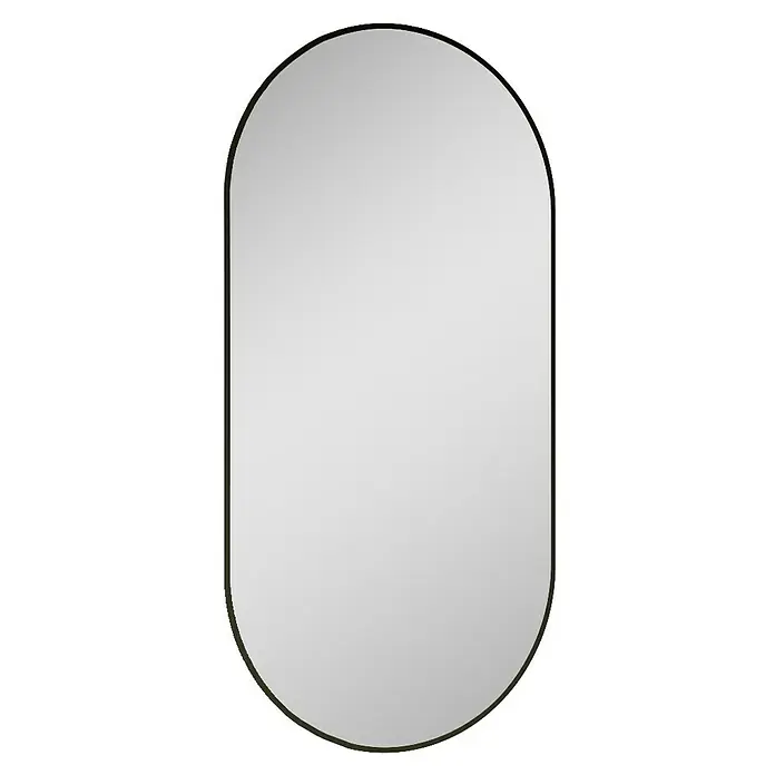 Inspira LED-Lichtspiegel - 52 x 92 cm, Gebogen - Ein schlanker, ovaler Spiegel mit einem schmalen, dunklen Rahmen, ideal für moderne Badezimmer oder Flure. Er reflektiert Licht und vergrößert den Raum optisch.