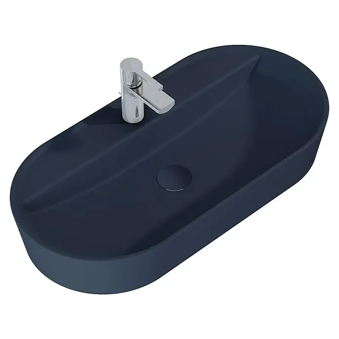 Inspira Aufsatzwaschbecken - 81 x 41 cm, Keramik, Navy Blue - Elegantes, ovales Aufsatzwaschbecken in dunklem Farbton mit glänzendem Chrom-Wasserhahn. Stilvolles Design für moderne Badezimmer.