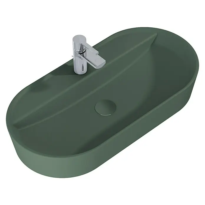 Inspira Aufsatzwaschbecken - 81 x 41 cm, Keramik, Forest Green - Stilvolles, olivgrünes Aufsatzwaschbecken mit schlankem Chromhahn, das moderne Eleganz und Funktionalität in jedes Badezimmer bringt.