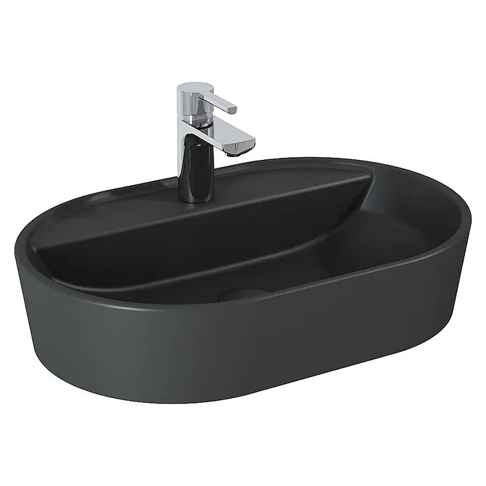 Inspira Aufsatzwaschbecken - 62 x 41 cm, Anthrazit - Aufsicht eines modernen, schwarzen Waschbeckens mit einem schlanken, verchromten Wasserhahn. Das Becken ist oval geformt.
