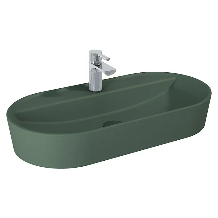 Inspira Aufsatzwaschbecken - 81 x 41 cm, Keramik, Forest Green - Olivegrünes Aufsatzwaschbecken mit elegantem Design und einem glänzenden Chromhahn für moderne Badezimmer.