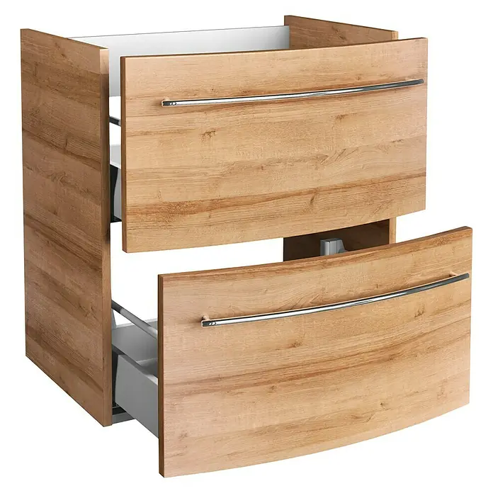 Camargue Excelsior Waschbeckenunterschrank - 59,2 x 44,1 x 63 cm, Berg Eiche - Ein moderner Badezimmerschrank mit zwei Schubladen in Holzoptik und eleganten Griffen. Ideal für stilvolle Badgestaltung.