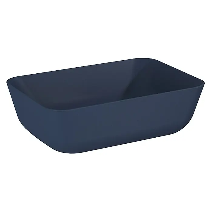 Inspira Aufsatzwaschbecken - 45,5 x 32,5 cm, Keramik, Navy Blue - Nahaufnahme einer dunkelblauen, rechteckigen Kunststoffbox, ideal für die Aufbewahrung verschiedener Gegenstände und zur Organisation.