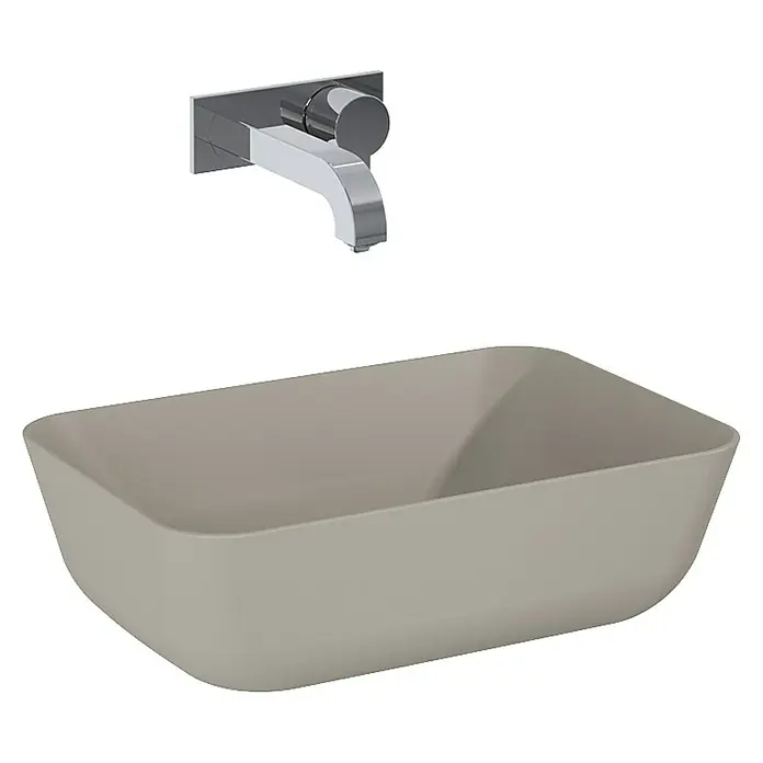 Inspira Aufsatzwaschbecken - 45,5 x 32,5 cm, Keramik, Fume - Elegantes Waschbecken- und Armatur-Set. Das moderne Design umfasst ein rechteckiges Waschbecken und eine verchromte Wandarmatur, die Stil und Funktionalität vereinen.
