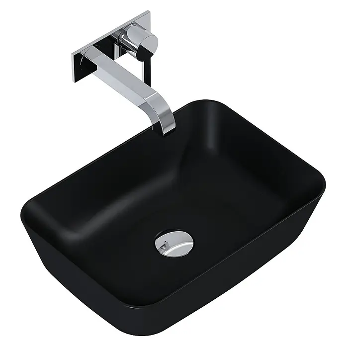 Inspira Aufsatzwaschbecken - 45,5 x 32,5 cm, Keramik, Schwarz - Schwarzes Aufsatzwaschbecken mit moderner Armatur. Das Waschbecken ist rechteckig und hat abgerundete Ecken.