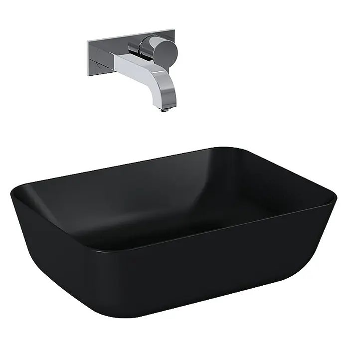 Inspira Aufsatzwaschbecken - 45,5 x 32,5 cm, Keramik, Schwarz - Elegantes, modernes Waschbecken in Schwarz mit passender Armatur. Ein stilvolles Element für jedes Badezimmer, das Design und Funktionalität vereint.