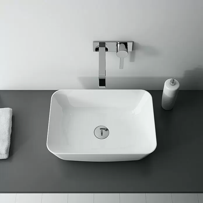 Inspira Aufsatzwaschbecken - 45,5 x 32,5 cm, Keramik, Weiß - Modernes weißes rechteckiges Keramikwaschbecken mit verchromtem Wandhahn.