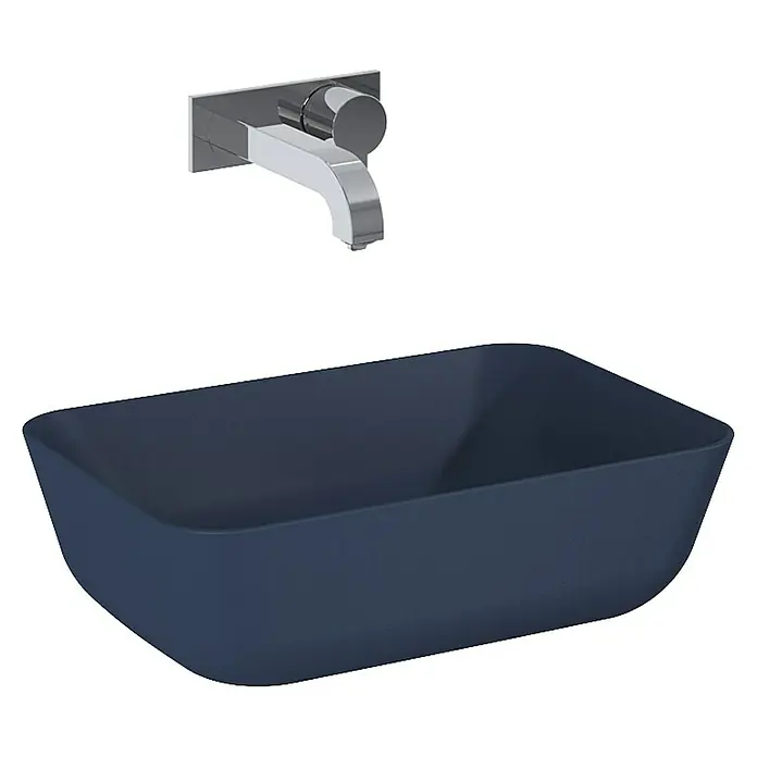 Inspira Aufsatzwaschbecken - 45,5 x 32,5 cm, Keramik, Navy Blue - Ein modernes Waschbecken in Marineblau mit einer eleganten Chromarmatur. Ideal für stilvolle Badezimmerdesigns.