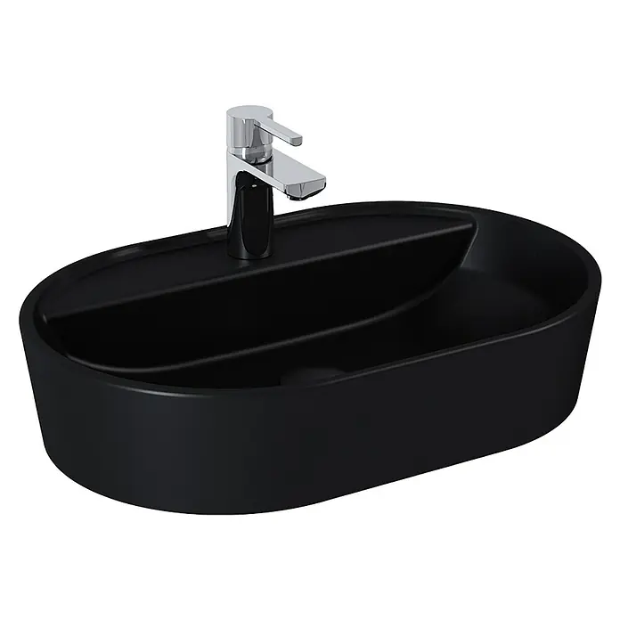 Inspira Aufsatzwaschbecken - 62 x 41 cm, Schwarz - Schwarzes Aufsatzwaschbecken mit modernem Chromhahn. Elegantes Design für Badezimmer mit Ablagefläche und runder Beckenform.