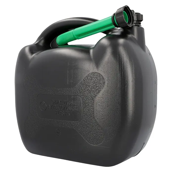 Cartrend Benzinkanister - 20 l, Kunststoff - Schwarzer Kraftstoffkanister mit grünem Ausgießer. Ideal zum sicheren Transport von Kraftstoffen für Garten- und Freizeitgeräte.