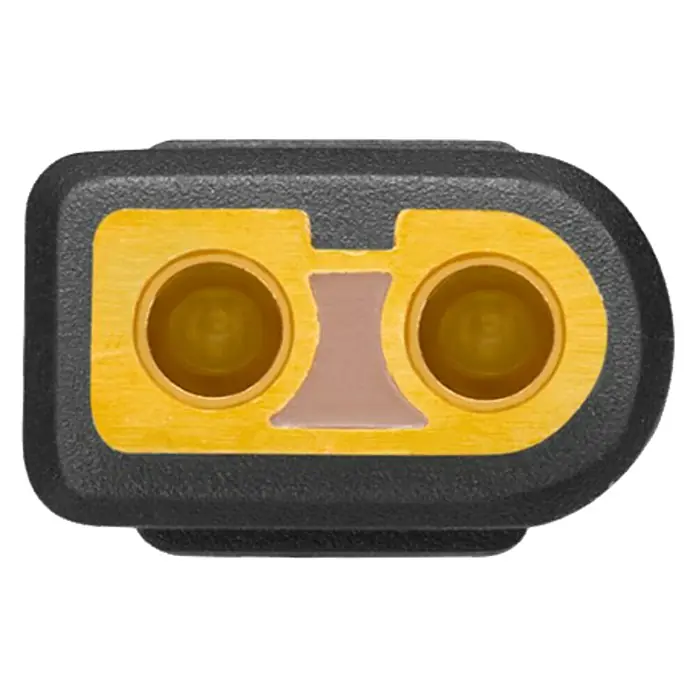 EcoFlow Cable solar MC4 a XT60 - 5 m - Primer plano de un conector de audio dual con un conector amarillo en una carcasa negra, diseñado para aplicaciones de audio.