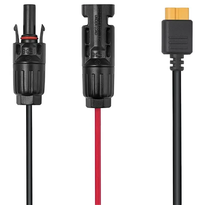 EcoFlow Cable solar MC4 a XT60 - 5 m - La imagen muestra tres conectores solares con cables: un conector MC4, un conector MC4-Y y un conector con zócalo XT60 para instalaciones solares.
