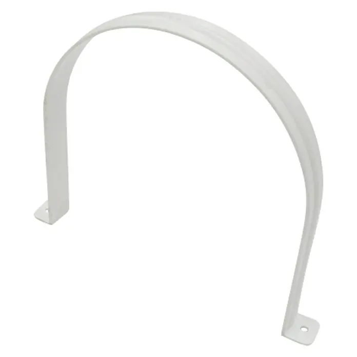 Abrazadera redonda Tubpla - 150 mm, Blanco, Plástico - Primer plano de una abrazadera de tubo de plástico blanco con pestañas de montaje, ideal para sujetar tubos de forma segura.