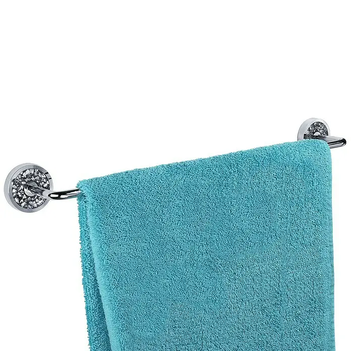 Toallero de barra Mosaico - Largo: 48 cm, Cromado/Gris - Toallero con una toalla azul. El toallero está hecho de cromo y decorado con pedrería.
