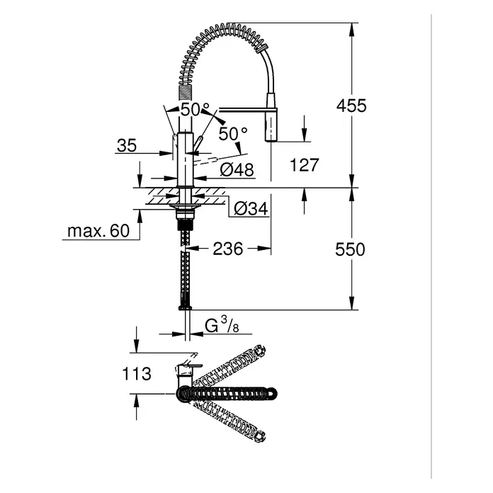 Grohe QuickFix Get Grifo de cocina profesional - Cromo, Brillante - Imagen del producto de un grifo de cocina con pulverizador flexible y dimensiones para la instalación y las medidas.