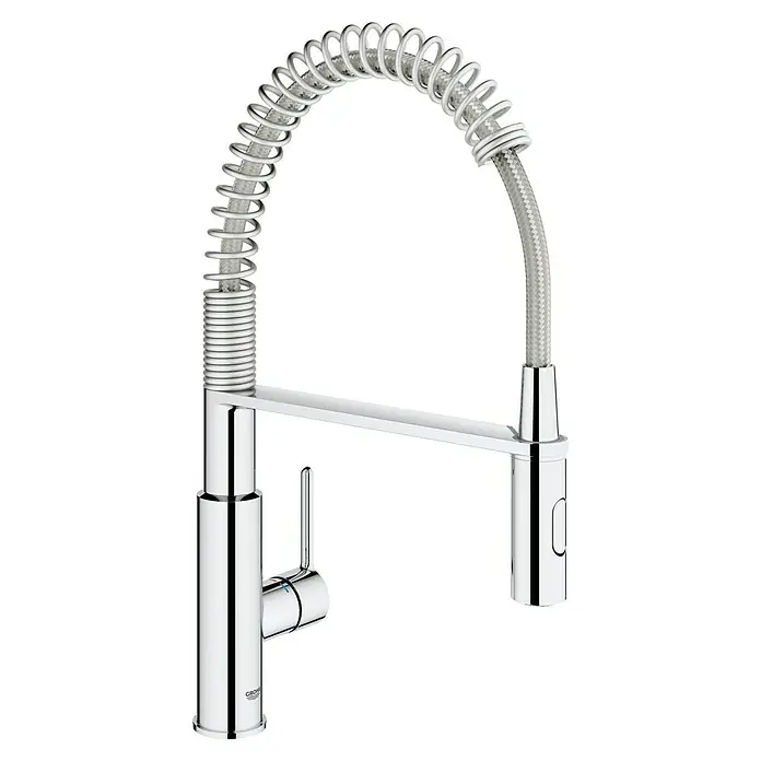 Grohe QuickFix Get Grifo de cocina profesional - Cromo, Brillante - Grifo de cocina cromado con caño de muelle, diseño moderno, flexible para facilitar la limpieza de platos. Mezclador de fregadero elegante.
