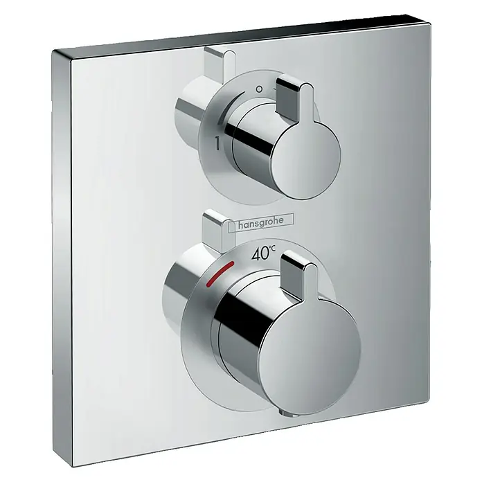 Hansgrohe Ecostat UP-Thermostatarmatur Square - Eckig, Chrom, Glänzend - Nahaufnahme des Hansgrohe Thermostat-Mischers mit präzisen Temperatur- und Mengenreglern, die ein luxuriöses Duscherlebnis versprechen.