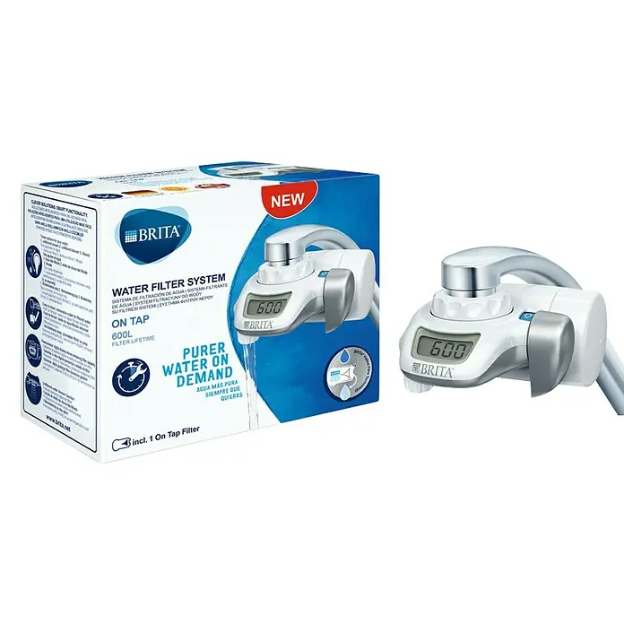 Brita Filtro de agua On Tap - Caudal: 1,6 l/min - Sistema de filtro de agua Brita para grifo con pantalla digital y cartucho filtrante con capacidad de 600L, junto con embalaje.
