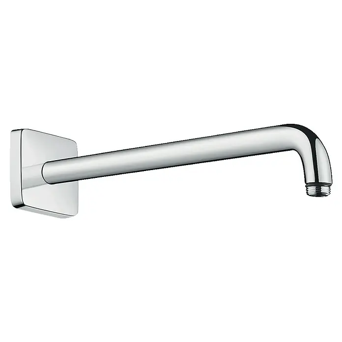 Hansgrohe Brausearm E - Länge: 38,9 cm, ½″, Eckig - Abgebildet ist ein glänzender, verchromter Duscharm mit quadratischer Rosette, der sich ideal für moderne Badezimmer eignet.