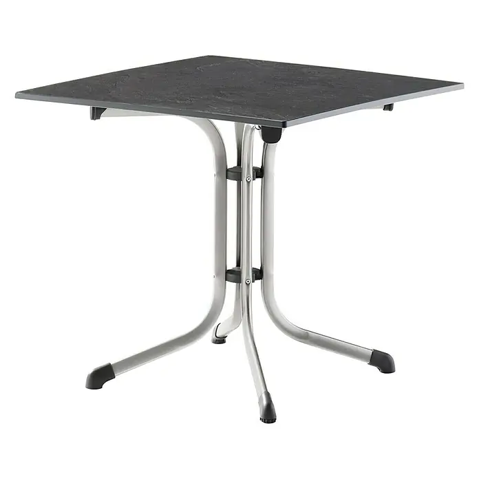 Sieger Boulevard Balkontisch - L x B x H: 80 x 80 x 73 cm, Stahl, Vivodur, Klappbar, Quadratisch, Graphit/Anthrazit - Ein quadratischer Tisch mit einer dunklen Tischplatte und einem silberfarbenen Metallgestell. Ideal für den Innen- und Außenbereich.