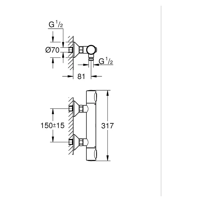 Grohe Brausethermostat Precision Flow - Chrom - Produktansicht: Technische Zeichnung des Heizkörper-Handtuchwärmers mit Maßangaben für Installation und Anschlüsse.
