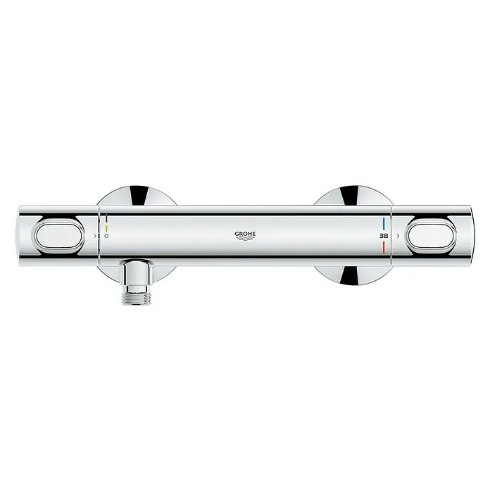 Grohe Brausethermostat Precision Flow - Chrom - Nahaufnahme einer glänzenden Grohe Thermostat-Brausearmatur mit präziser Temperaturregelung und modernem Design.