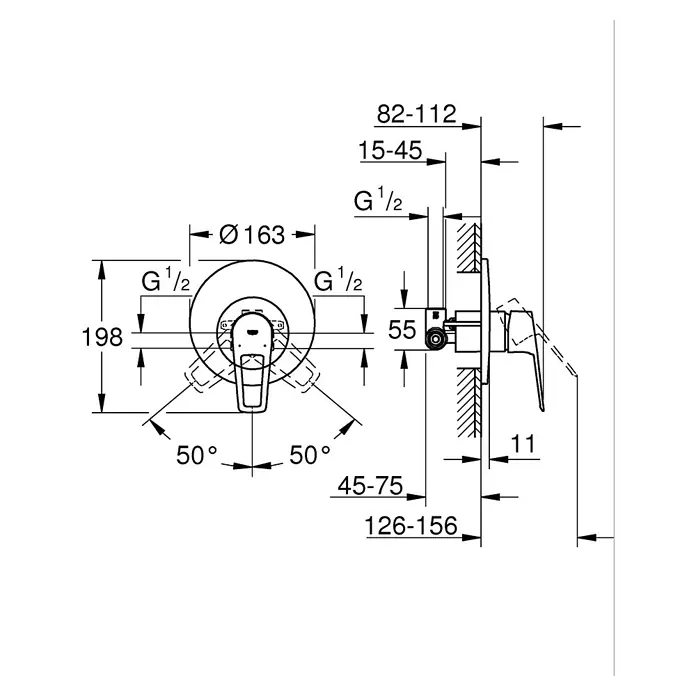 Grohe Start Loop Grifería empotrada de ducha - Cromo, Brillante - Dibujo técnico de un grifo con dimensiones, incluyendo diámetro y ángulos.