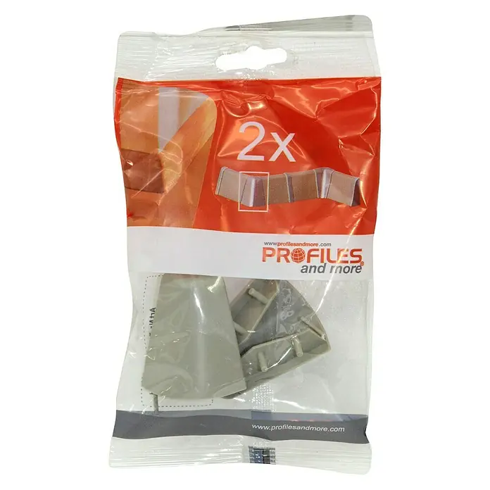 Profiles and more Außenecke FU147H - Grau, 2 Stk. - Verpackung mit zwei grauen Eckstücken für Profile and more. Ideal für Möbel und Regale, um Ecken stilvoll zu verbinden.