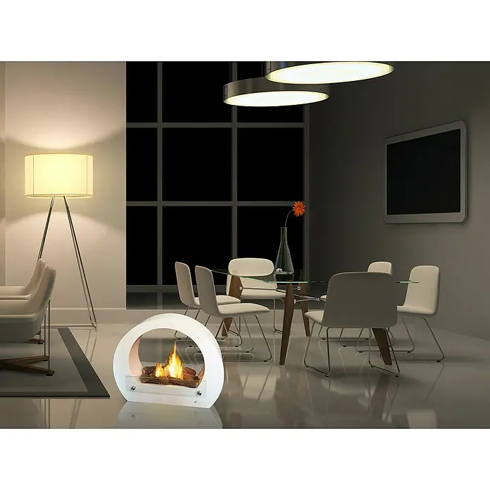 Purline Chimenea de bioetanol Saturn - L x An x Al: 17,5 x 64 x 51,5 cm, Blanco - Interior elegante con una chimenea de bioetanol redonda y moderna, que aporta calidez y ambiente al espacio.