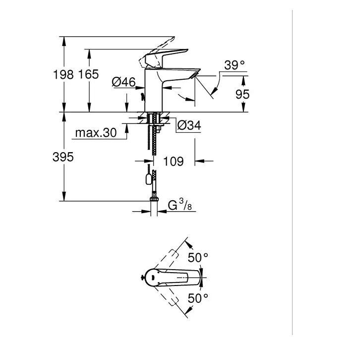 Grohe Start Grifo de lavabo - Cromo, Brillante - Un diagrama detallado de un grifo que muestra las dimensiones para la instalación y las especificaciones de diseño.