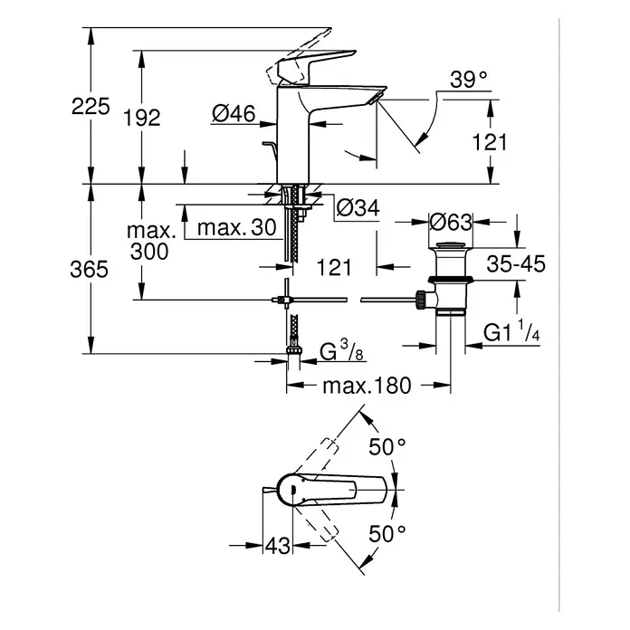 Grohe Start Grifo de lavabo M - Cromo, Resplandeciente, Barra de tracción - Imagen del producto de un grifo con dimensiones detalladas, incluyendo altura, diámetro y ángulo, para fines de instalación.