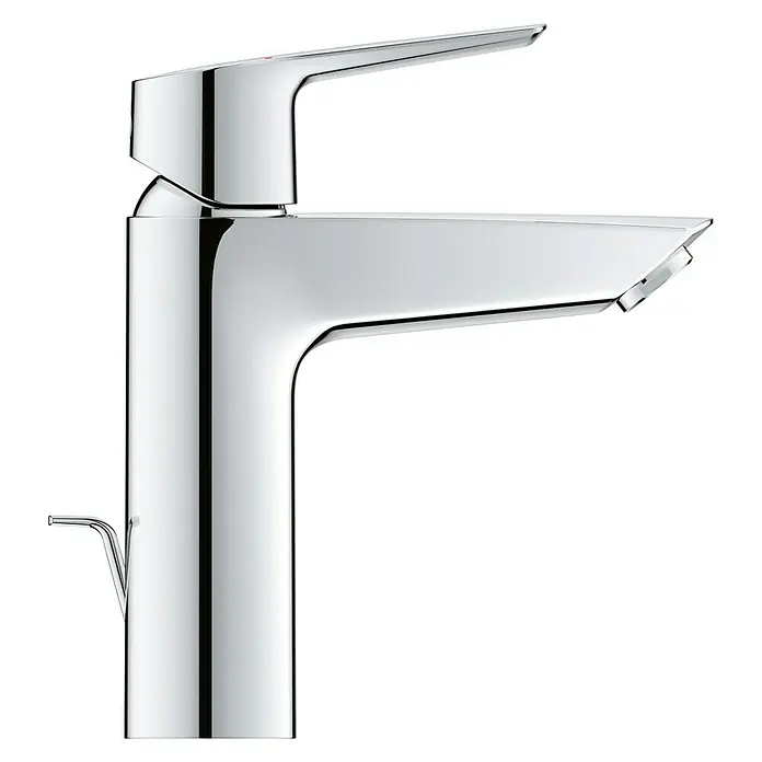 Grohe Start Grifo de lavabo M - Cromo, Resplandeciente, Barra de tracción - Primer plano de un grifo brillante con un diseño moderno. El acabado cromado añade un toque de elegancia al aparato.