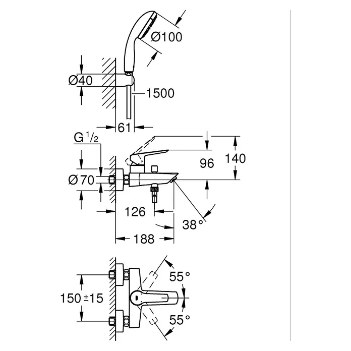 Grohe Start Grifo monomando de bañera + conjunto ducha -  - Dibujo técnico detallado de un grifo de ducha con teleducha, incluyendo todas las dimensiones y conexiones para la instalación.